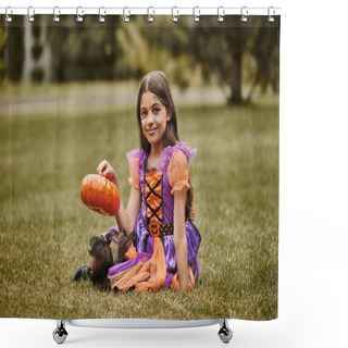 Personality  Joyful Girl In Halloween Costume Sitting On Green Grass And Holding Decorative Pumpkin Shower Curtains