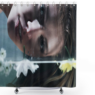 Personality  Close Up Of Young Woman Posing Over Water With Flowers Shower Curtains