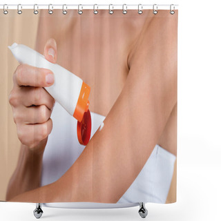 Personality  Cropped View Of Woman Applying Sunscreen Cream On Arm Isolated On Beige Shower Curtains