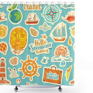 Personality  Seamless Pattern On The Theme Of Travel And Vacation. Repeating Vector Background With Stickers Or Magnets. Set Of Sea Summer Icons On A Blue Backdrop In Retro Style Shower Curtains