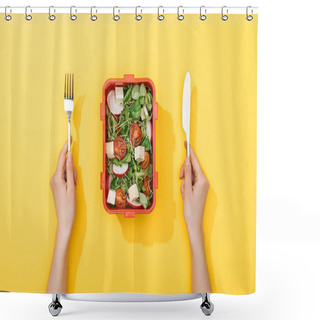 Personality  Cropped View Of Woman Holding Fork And Knife Over Lunch Box With Salad Shower Curtains