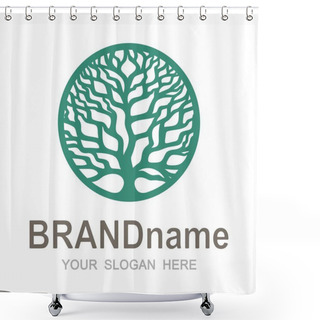 Personality  Logo Silhouette Of A Tree Crown Without Leaves. Green Branches And Trunk In A Round Frame. Icon, Sign, Symbol, Brand Identity For Agriculture, Bio, Eco, Natural, Organic Foods. Vector Illustration. Shower Curtains