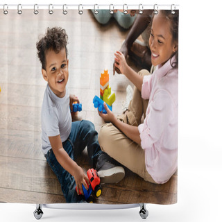 Personality  High Angle View Of African American Brother And Sister Playing With Toy Truck And Building Blocks On Floor At Home Shower Curtains