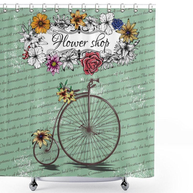 Personality  Vintage Poster For Flower Shop Design With Old Bicycle Shower Curtains