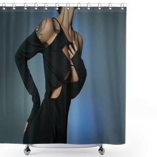 Personality  Cropped View Of Seductive Tattooed Woman In Gothic Costume Blue Grey Backdrop, Halloween Concept Shower Curtains