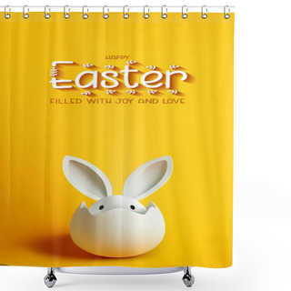 Personality  Happy Easter Vertical Greeting Card With White Cracked Egg Easter Bunny Ears Isolated On A Yellow Background. Festive Easter Poster. Easter Cover. Paschal Bunny Ears Cut Out Of White Paper. Christ Shower Curtains