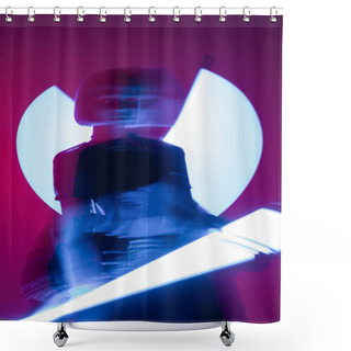 Personality  Long Exposure Of Blurred Woman With Vibrant Neon Lamps On Purple Background Shower Curtains