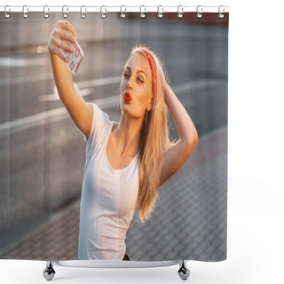 Personality  Pretty Hipster Girl Taking Selfie And Making Duck Face. Sending  Shower Curtains