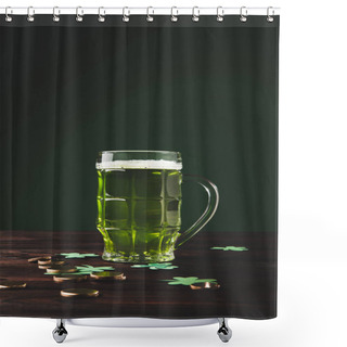 Personality  Glass Of Beer With Shamrock And Golden Coins On Wooden Table, St Patricks Day Concept Shower Curtains