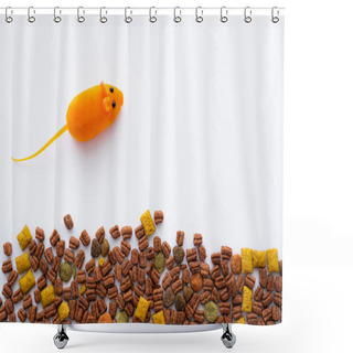 Personality  Top View Of Rubber Toy Near Cat Dry Food On White Background Shower Curtains