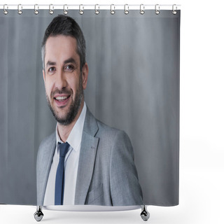 Personality  Portrait Of Handsome Businessman In Formal Wear Smiling At Camera On Grey  Shower Curtains