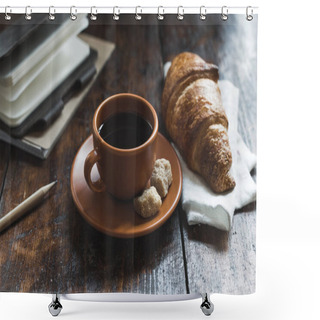 Personality  Coffee With Croissant And Notebooks With Pencil On Tabletop Shower Curtains