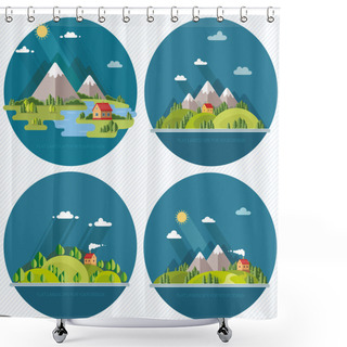 Personality  Summer  Landscape Set. Houses In The Mountains Among The Trees,  Shower Curtains