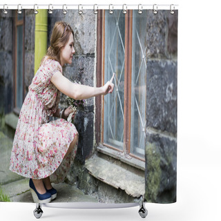 Personality  Woman In Dress Drawing On Window Glass Shower Curtains