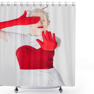 Personality  Trendy Albino Model In Gloves And Red Lips Showing Stop Gesture Isolated On White Shower Curtains