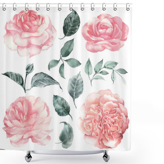 Personality  Watercolor Clipart Delicate Flowers Peonies, Garden Roses And Leaves. Vintage Set. Shower Curtains