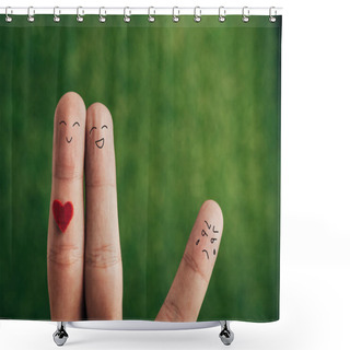 Personality  Cropped View Of Fingers As Happy Couple And Jealous Person On Green Shower Curtains