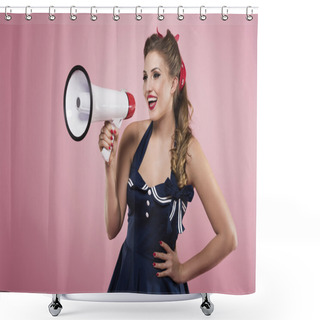 Personality  Pin Up Girl Shouting In Megaphone  Shower Curtains