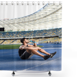 Personality  Handsome Sportsman Resting And Drinking Water On Running Track At Stadium Shower Curtains