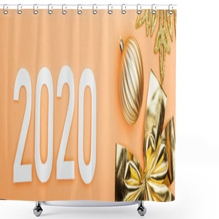 Personality  Top View Of White 2020 Numbers Near Golden Christmas Decoration On Orange Background, Panoramic Shot Shower Curtains