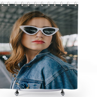 Personality  Portrait Of Young Fashionable Woman In Denim Clothing And Retro Sunglasses Shower Curtains