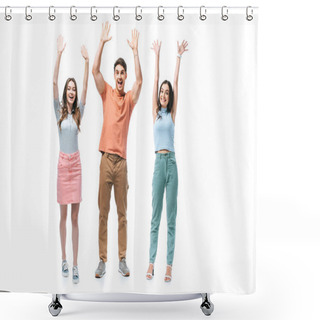 Personality  Positive Friends Standing Together With Hands Up, Isolated On White Shower Curtains