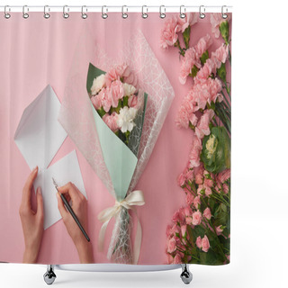 Personality  Cropped Shot Of Woman Writing On Greeting Card And Beautiful Pink Flower Bouquet Isolated On Pink Shower Curtains