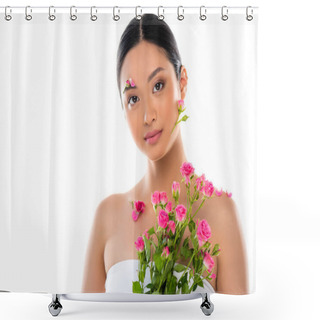 Personality  Sensual Asian Woman With Flowers On Face And Petals On Shoulder Near Pink Roses Isolated On White Shower Curtains