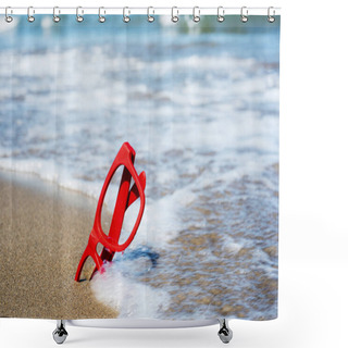 Personality  Red Eyeglasses On The Sand Of A Beach Shower Curtains