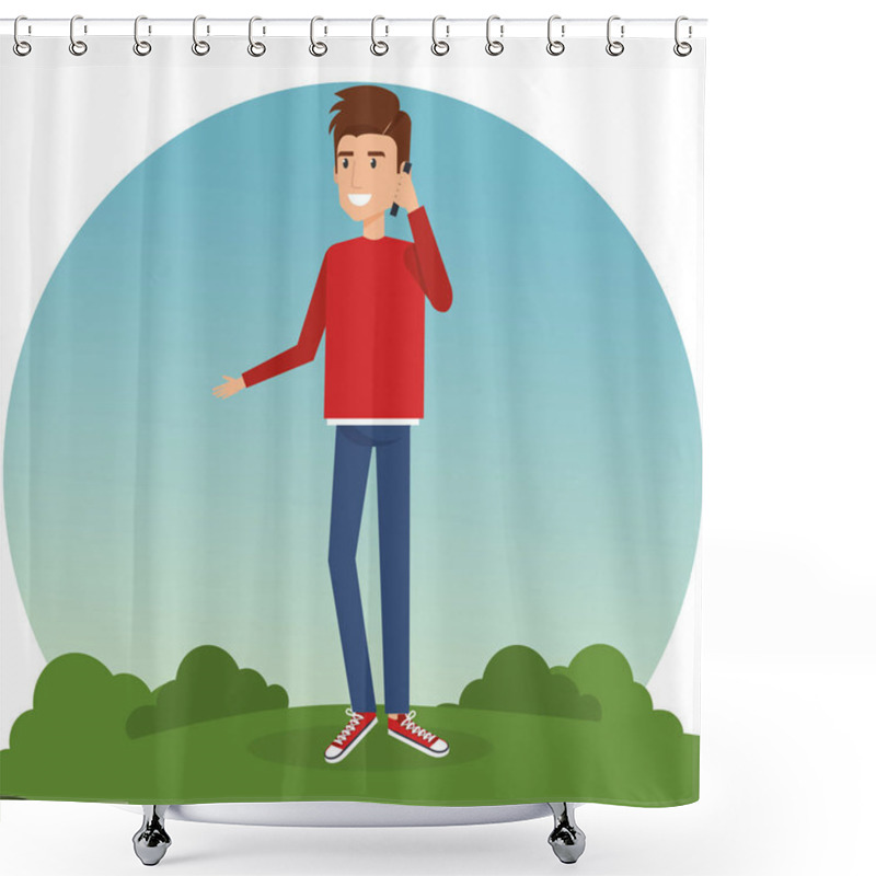 Personality  young man calling in the park shower curtains