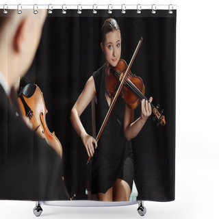Personality  Professional Female Musicians Playing Classical Music On Violins On Dark Stage  Shower Curtains