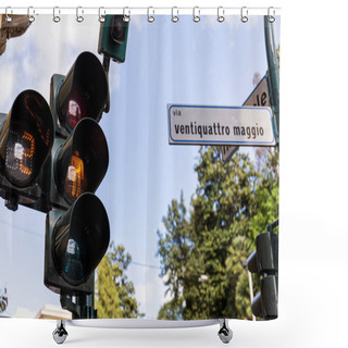 Personality  ROME, ITALY - JUNE 28, 2019: Traffic Light And Address Plaque On Street  Shower Curtains