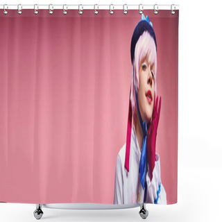 Personality  Seductive Female Cosplayer In Blue Hat And Vivid Clothes Looking At Camera On Pink Backdrop, Banner Shower Curtains