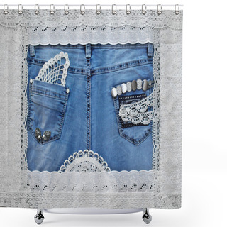 Personality  Cute Frame With Lace And Jeans Shower Curtains