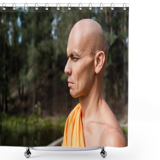 Personality  Portrait Of Buddhist In Orange Kasaya Looking Away Outdoors Shower Curtains