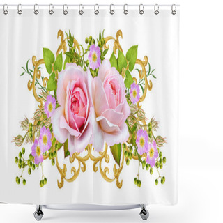 Personality  Golden Textured Curls. Oriental Style Arabesques. Brilliant Lace, Stylized Flowers. Openwork Weaving Delicate. Garland Of Delicate Pink Roses, Green Leaves, Branches With Berries. Shower Curtains