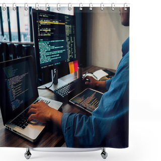 Personality  Programmer Working In A Software Development And Coding Technologies. Website Design.Technology Concept. Shower Curtains