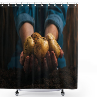 Personality  Cropped View Of Farmer Holding Dirty Natural Potatoes Near Ground Shower Curtains
