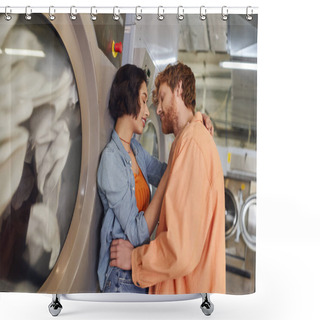 Personality  Smiling Asian Woman Kissing Redhead Boyfriend Near Washing Machine In Public Laundry Shower Curtains
