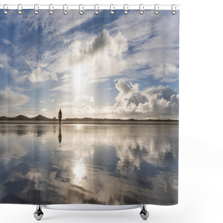 Personality  A Beautiful Shot Of A Woman Walking Across The Beach At A Calm Lake Shower Curtains