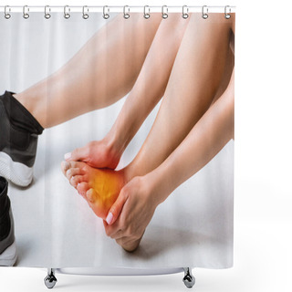 Personality  Partial View Of Sportswoman With Foot Pain On Grey Shower Curtains