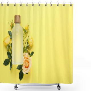 Personality  Bottle Of Rose Essential Oil And Beautiful Flowers On Pale Yellow Background, Top View. Space For Text Shower Curtains