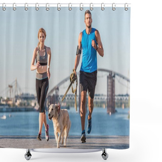 Personality  Sports Couple Jogging With Dog Shower Curtains