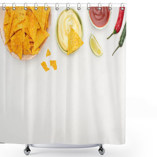 Personality  Top View Of Corn Nachos With Lime, Chili Peppers, Ketchup And Cheese Sauce On White Background Shower Curtains