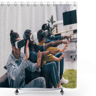 Personality  Multicultural Friends Sitting On Couch And Using Virtual Reality Headsets  Shower Curtains