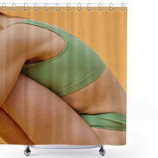 Personality  Vertical Studio Shot Of Body Part Of Unrecognizable Young Woman With Fair Skin Wearing Pale Green Ribbed Underwear, Pale Yellowish Orange Background Shower Curtains