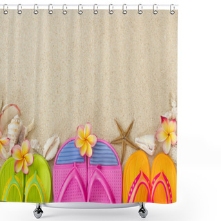 Personality  Flip Flops In The Sand With Shells And Frangipani Flowers. Summe Shower Curtains