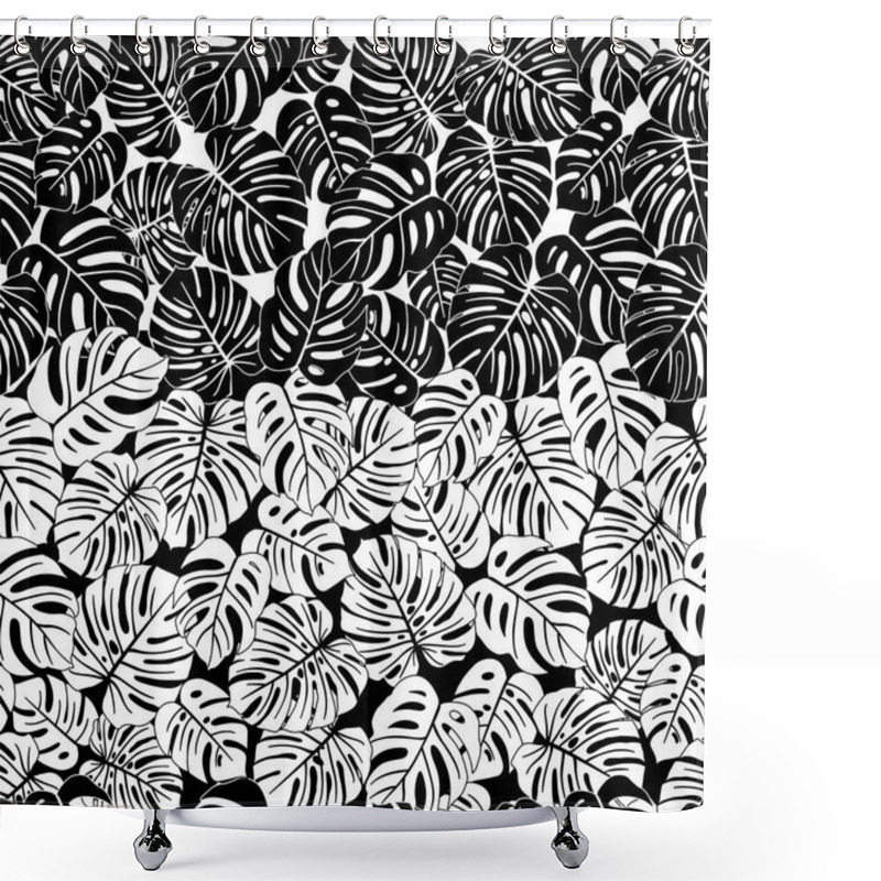 Personality  Seamless Repeating Pattern With Silhouettes Of Palm Tree Leaves In Black And White Background. Shower Curtains