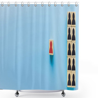 Personality  Panoramic Shot Of Wooden Blocks With Black And Red Human Icons On Blue Background, Leadership Concept Shower Curtains