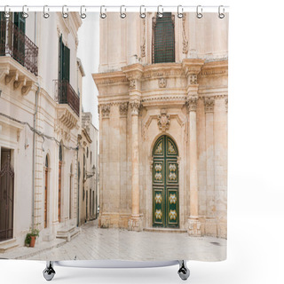 Personality  SCICLI, ITALY - OCTOBER 3, 2019: Baroque Facade Of San Michele Arcangelo Church  Near Buildings In Italy  Shower Curtains